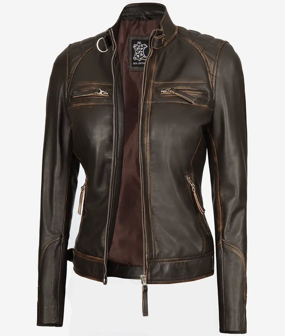 Womens Quilted Rub off Dark Brown Real Lambskin Leather Motorcycle Jacket LSW-0046